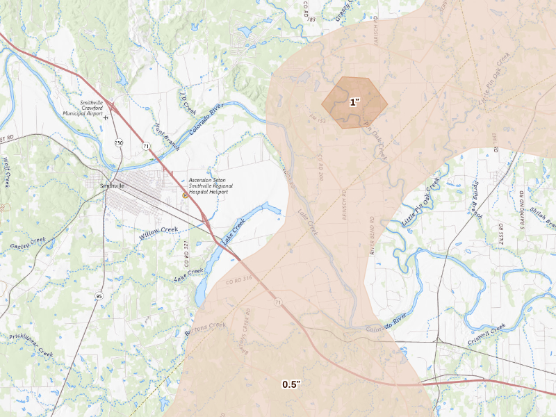 Radar-estimated hail-size map of the storm over Smithville, TX