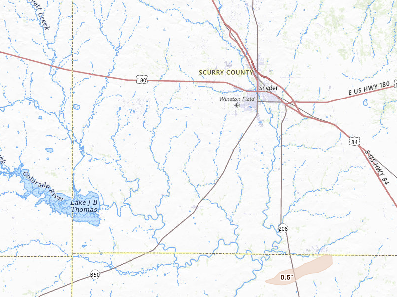 Radar-estimated hail-size map of the storm over Snyder, TX on Apr 27, 2026