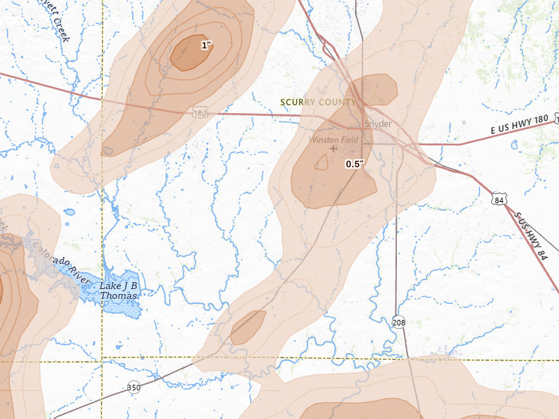 Radar-estimated hail-size map of the storm over Snyder, TX on May 10, 2026