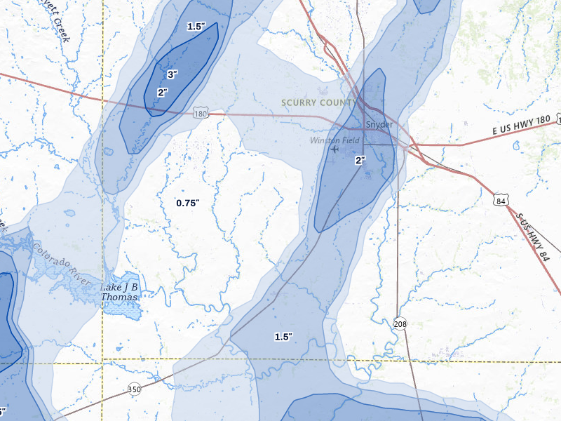 NEXRAD radar-signature map of the hail storm over Snyder, TX on May 10, 2026