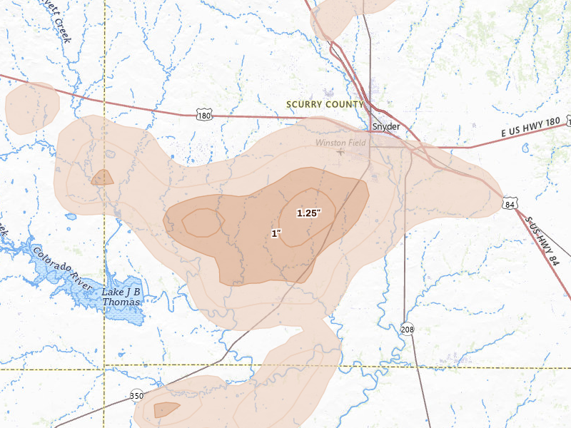 Radar-estimated hail-size map of the storm over Snyder, TX