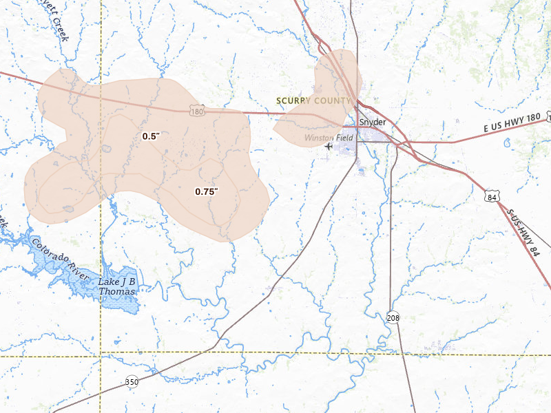 Radar-estimated hail-size map of the storm over Snyder, TX on Jun 2, 2026