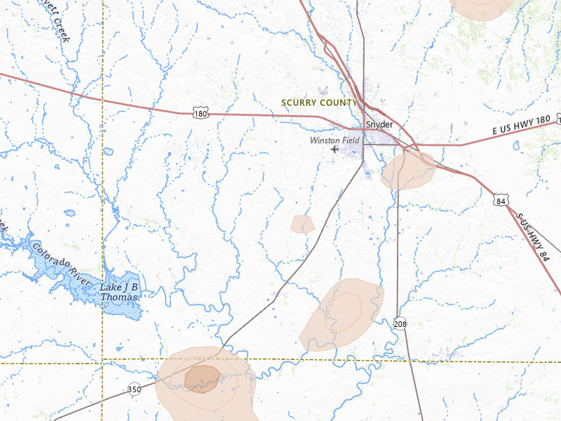 Radar-estimated hail-size map of the storm over Snyder, TX on Jul 5, 2026