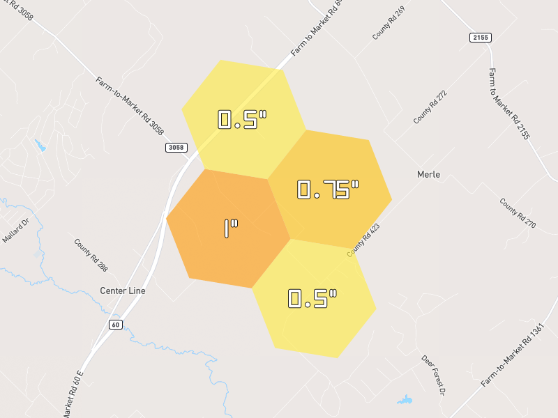 Hail map of Somerville, TX on Jul 10, 2026, hail up to 1"