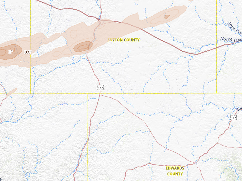 Radar-estimated hail-size map of the storm over Sonora, TX on Apr 18, 2026