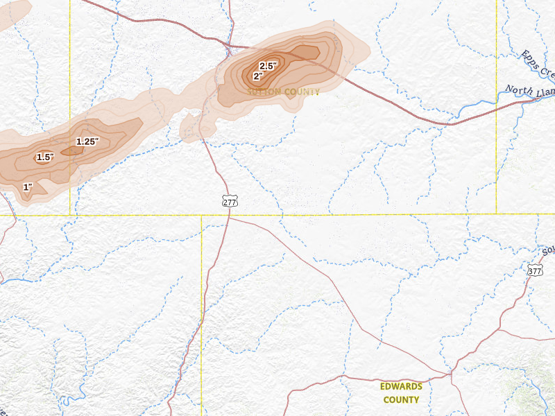 Radar-estimated hail-size map of the storm over Sonora, TX on May 5, 2026