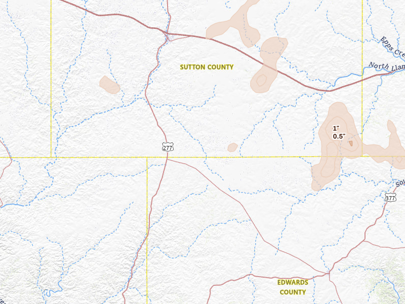 Radar-estimated hail-size map of the storm over Sonora, TX on May 10, 2026