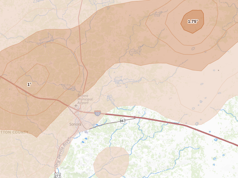 Radar-estimated hail-size map of the storm over Sonora, TX on May 19, 2026