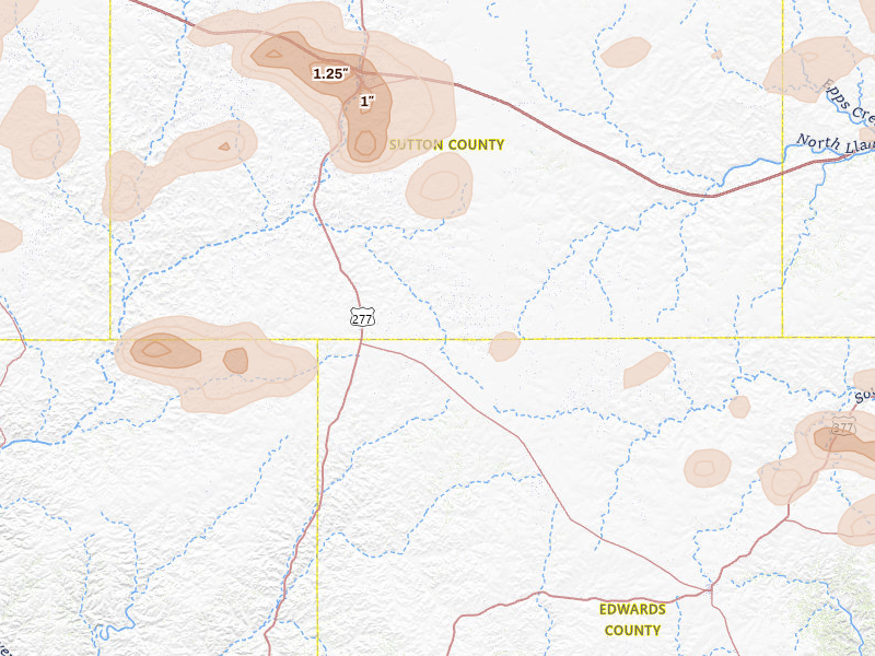 Radar-estimated hail-size map of the storm over Sonora, TX on May 21, 2026