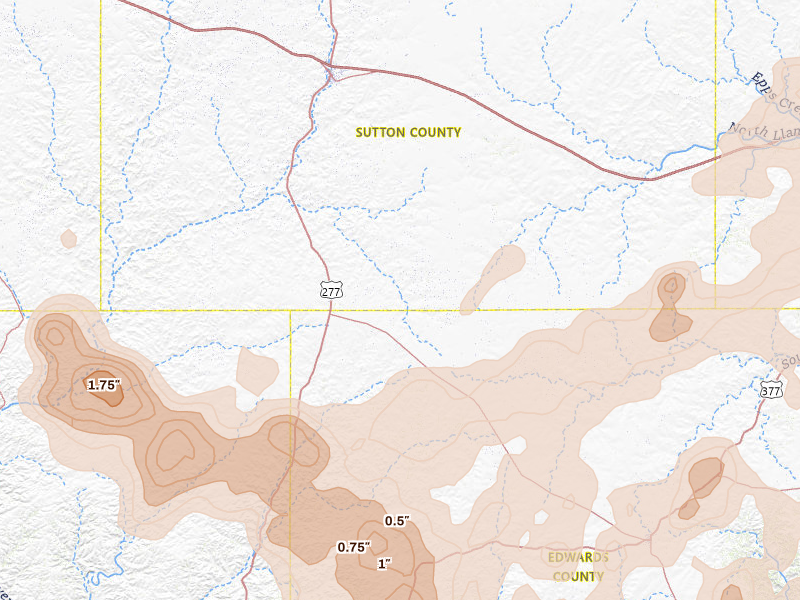 Radar-estimated hail-size map of the storm over Sonora, TX on May 22, 2026