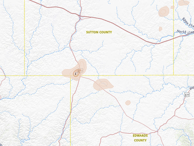 Radar-estimated hail-size map of the storm over Sonora, TX on Jul 6, 2026