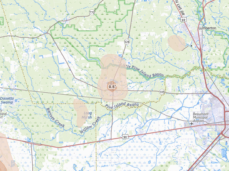 Radar-estimated hail-size map of the storm over Sour Lake, TX on May 9, 2026