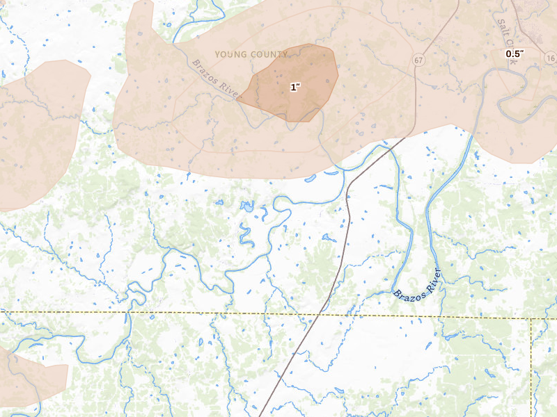 Radar-estimated hail-size map of the storm over South Bend, TX on May 10, 2026