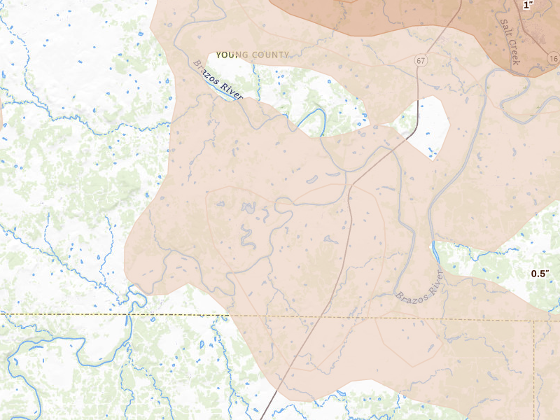 Radar-estimated hail-size map of the storm over South Bend, TX on Jun 18, 2026