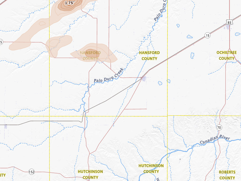 Radar-estimated hail-size map of the storm over Spearman, TX on May 9, 2026