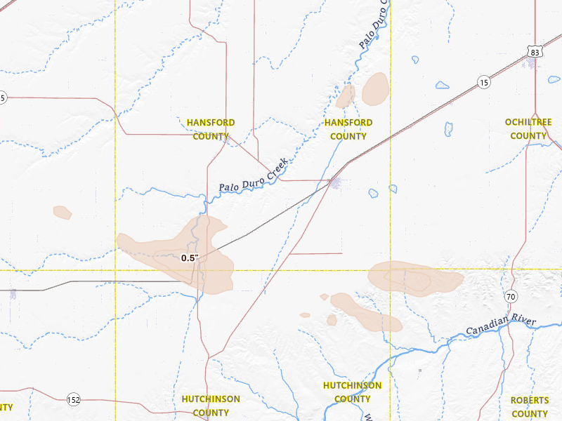 Radar-estimated hail-size map of the storm over Spearman, TX on Jun 23, 2026