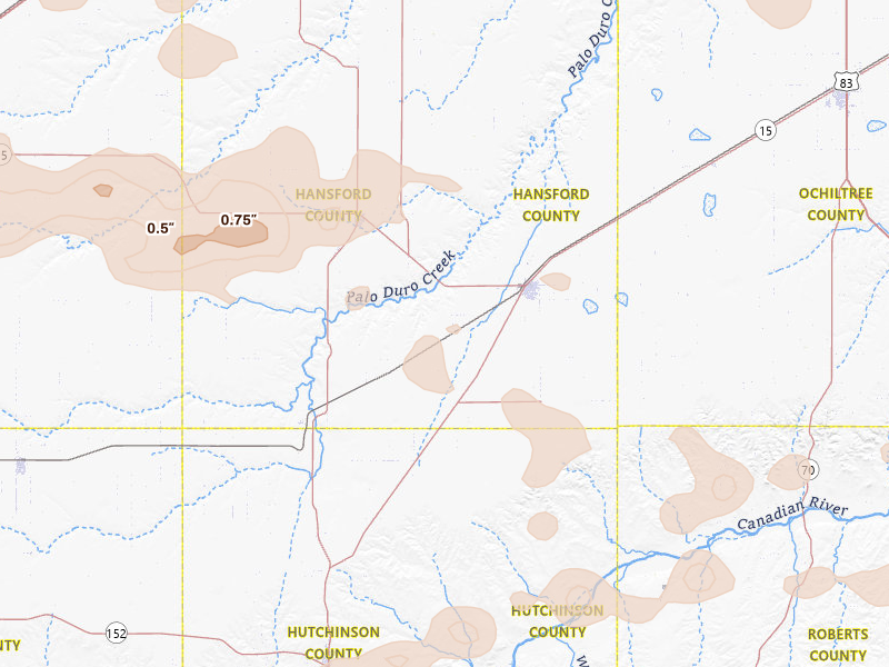 Radar-estimated hail-size map of the storm over Spearman, TX on Jun 26, 2026