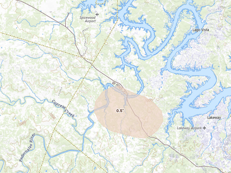 Radar-estimated hail-size map of the storm over Spicewood, TX on May 10, 2026