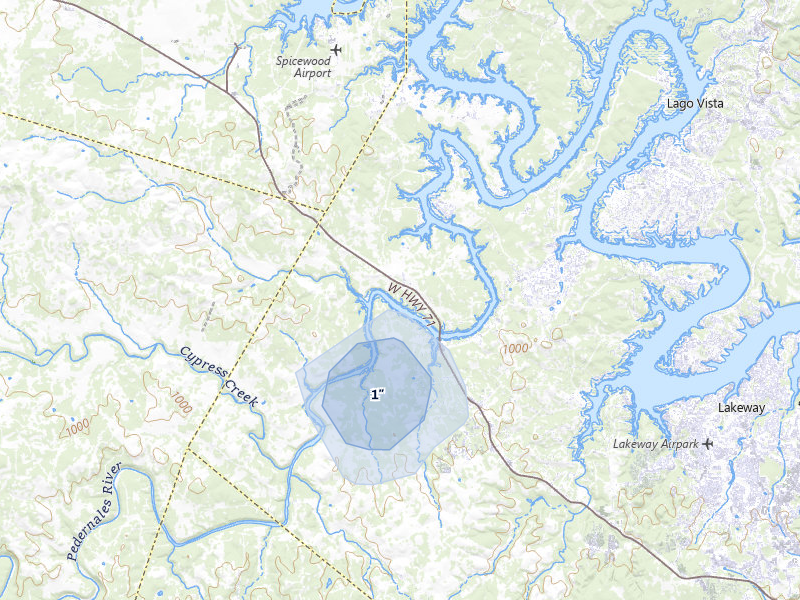 NEXRAD radar-signature map of the hail storm over Spicewood, TX on May 10, 2026