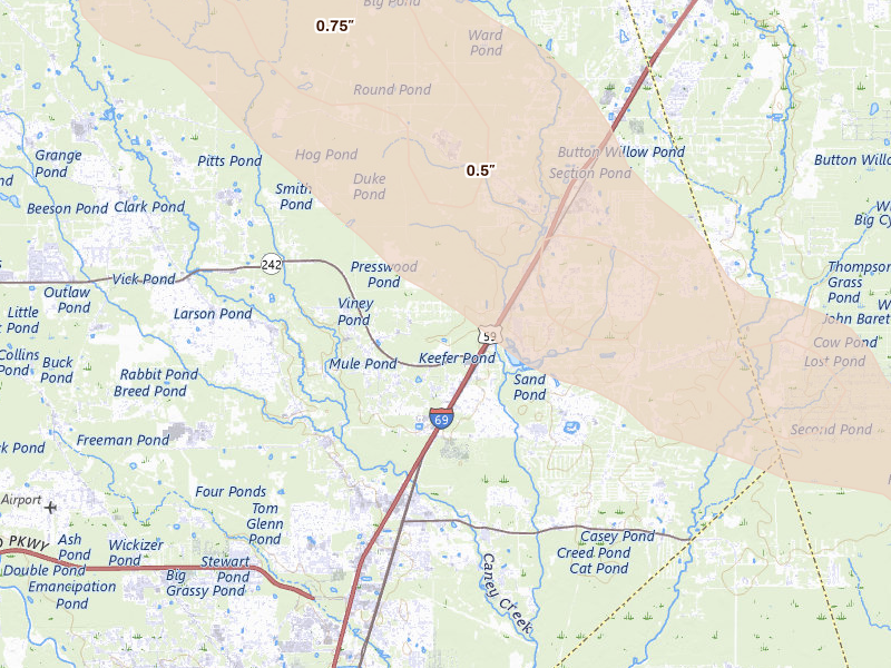 Radar-estimated hail-size map of the storm over Splendora, TX on Mar 15, 2026