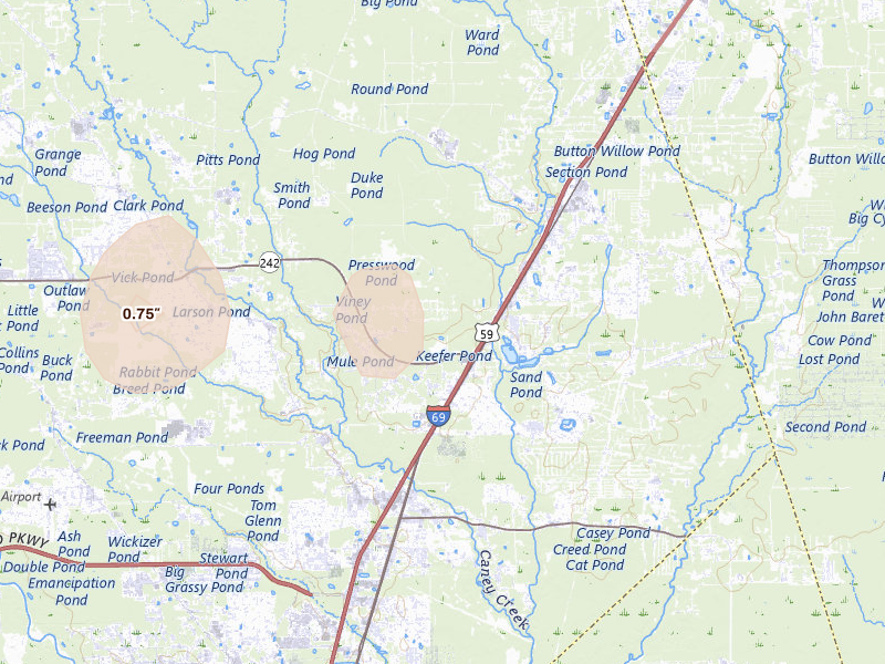 Radar-estimated hail-size map of the storm over Splendora, TX on May 10, 2026