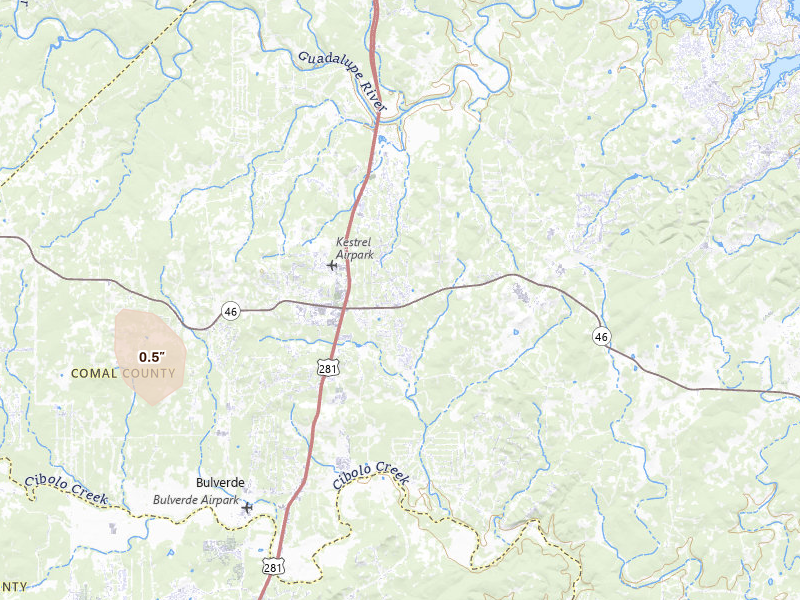 Radar-estimated hail-size map of the storm over Spring Branch, TX on May 26, 2026