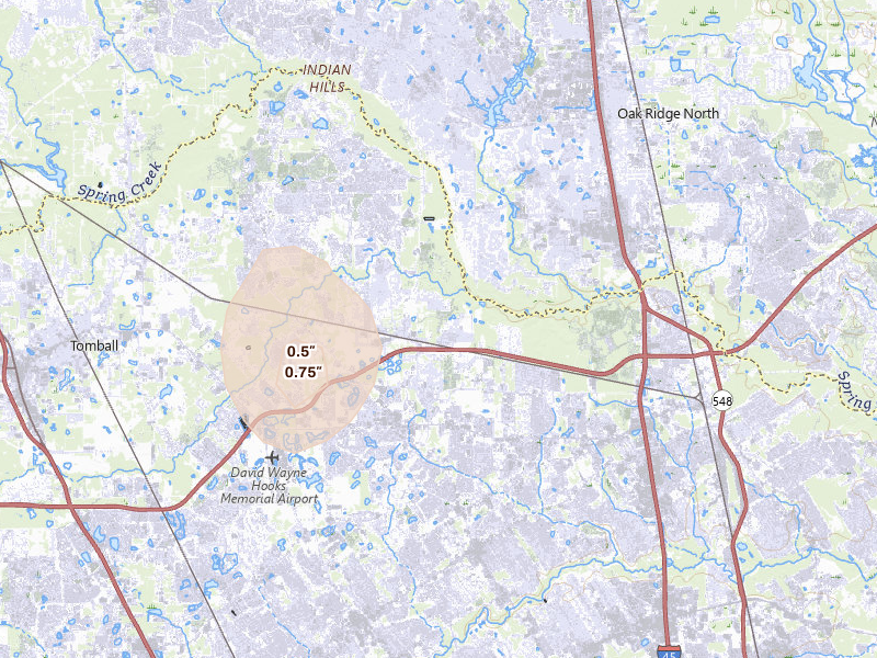 Radar-estimated hail-size map of the storm over Spring, TX on Jun 1, 2026