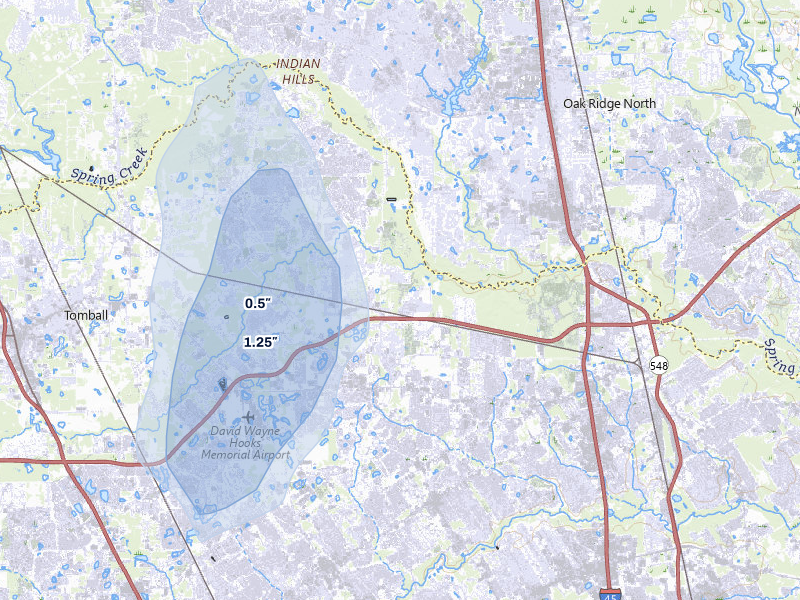 NEXRAD radar-signature map of the hail storm over Spring, TX on Jun 1, 2026