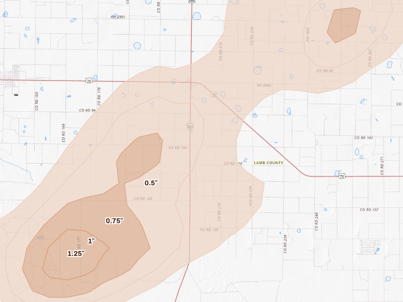 Radar-estimated hail-size map of the storm over Springlake, TX