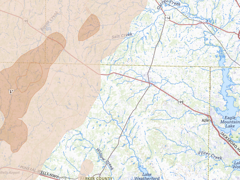 Radar-estimated hail-size map of the storm over Springtown, TX on Mar 10, 2026