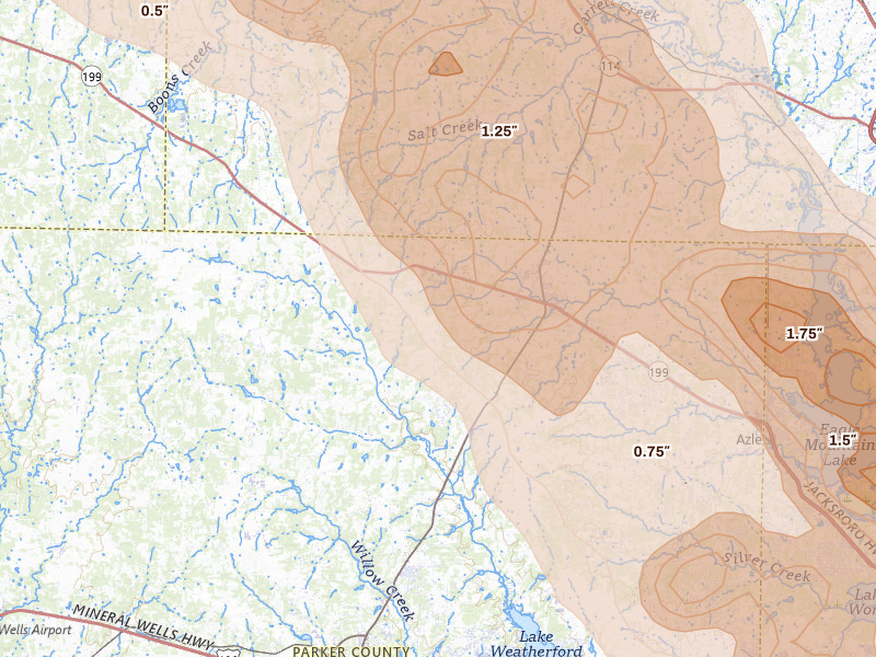 Radar-estimated hail-size map of the storm over Springtown, TX on Apr 25, 2026