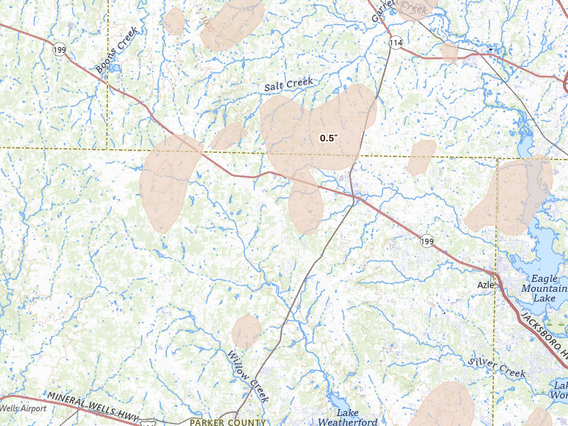 Radar-estimated hail-size map of the storm over Springtown, TX on May 19, 2026