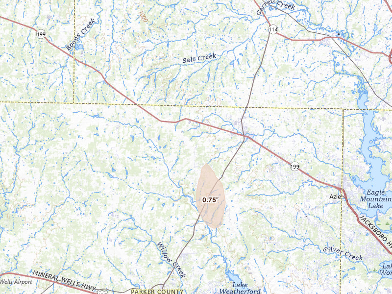Radar-estimated hail-size map of the storm over Springtown, TX on May 21, 2026