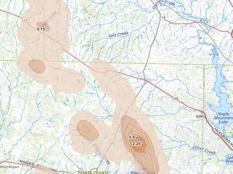 Radar-estimated hail-size map of the storm over Springtown, TX on May 28, 2026