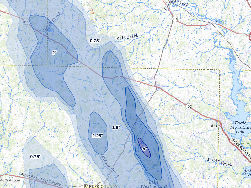 NEXRAD radar-signature map of the hail storm over Springtown, TX on May 28, 2026
