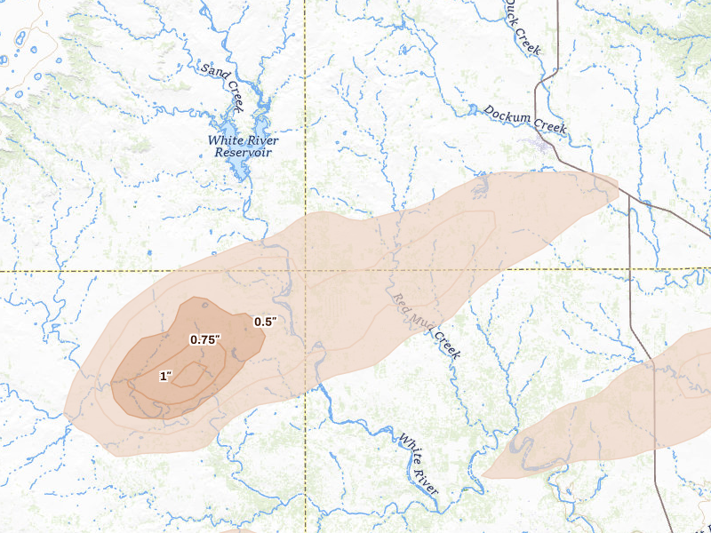 Radar-estimated hail-size map of the storm over Spur, TX on Apr 27, 2026