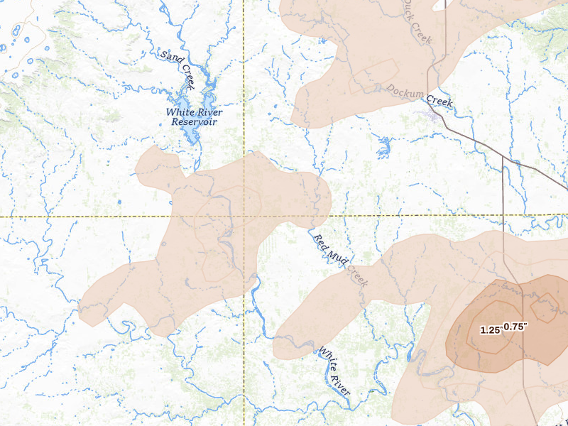 Radar-estimated hail-size map of the storm over Spur, TX on May 15, 2026