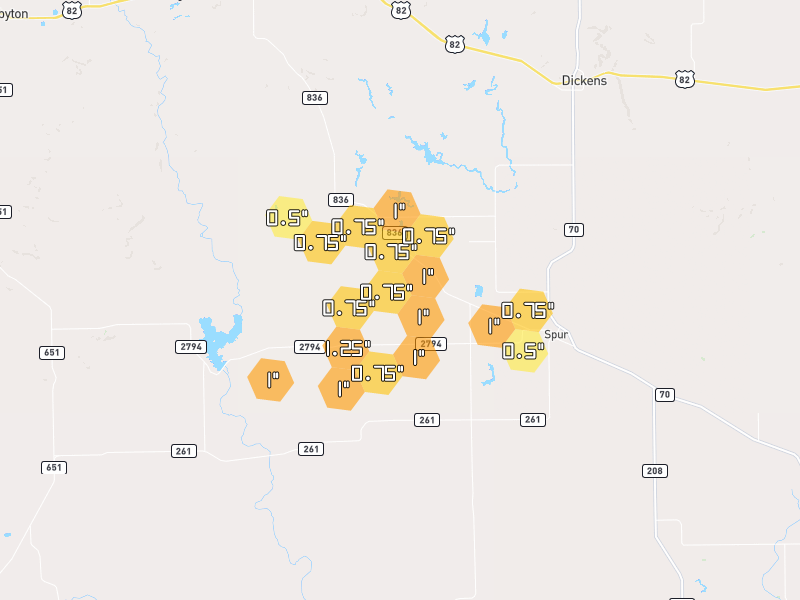 Hail map of Spur, TX on Jul 5, 2026, hail up to 1.25"