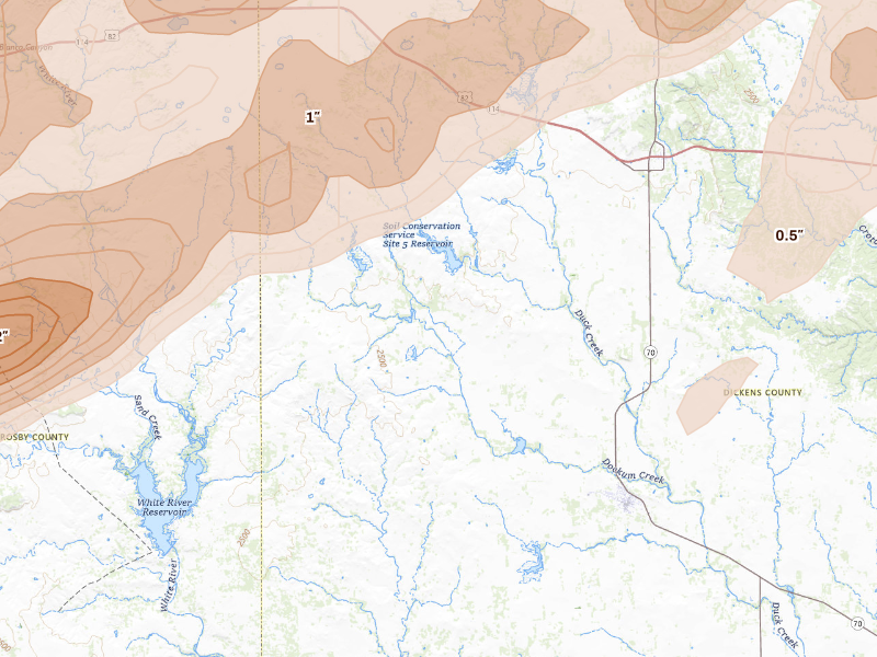 Radar-estimated hail-size map of the storm over Spur, TX on Oct 13, 2026
