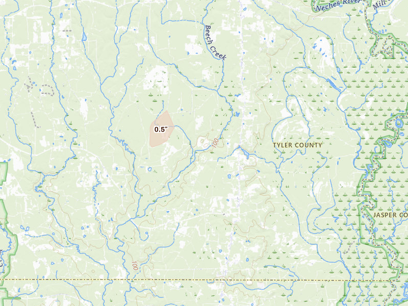 Radar-estimated hail-size map of the storm over Spurger, TX on Mar 7, 2026