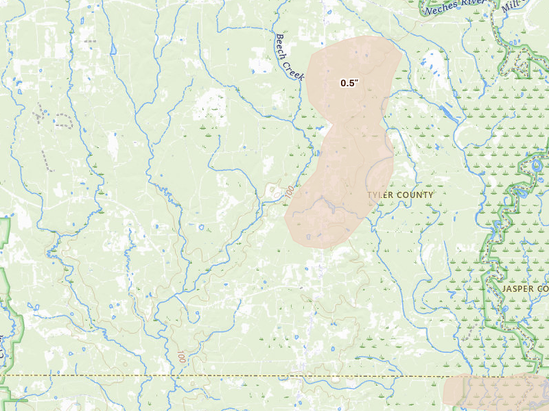 Radar-estimated hail-size map of the storm over Spurger, TX on May 9, 2026