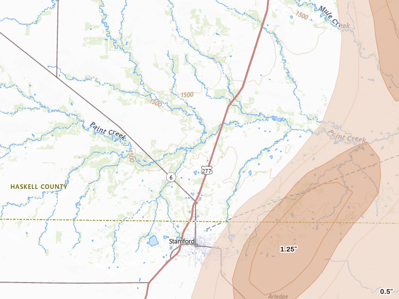 Radar-estimated hail-size map of the storm over Stamford, TX on Mar 10, 2026