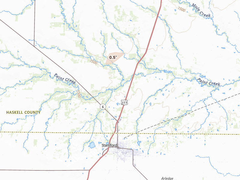Radar-estimated hail-size map of the storm over Stamford, TX on May 10, 2026