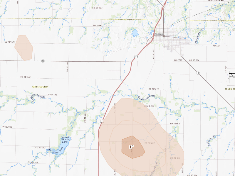 Radar-estimated hail-size map of the storm over Stamford, TX