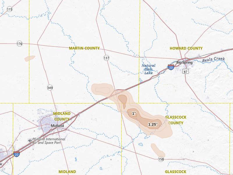 Radar-estimated hail-size map of the storm over Stanton, TX on May 21, 2026