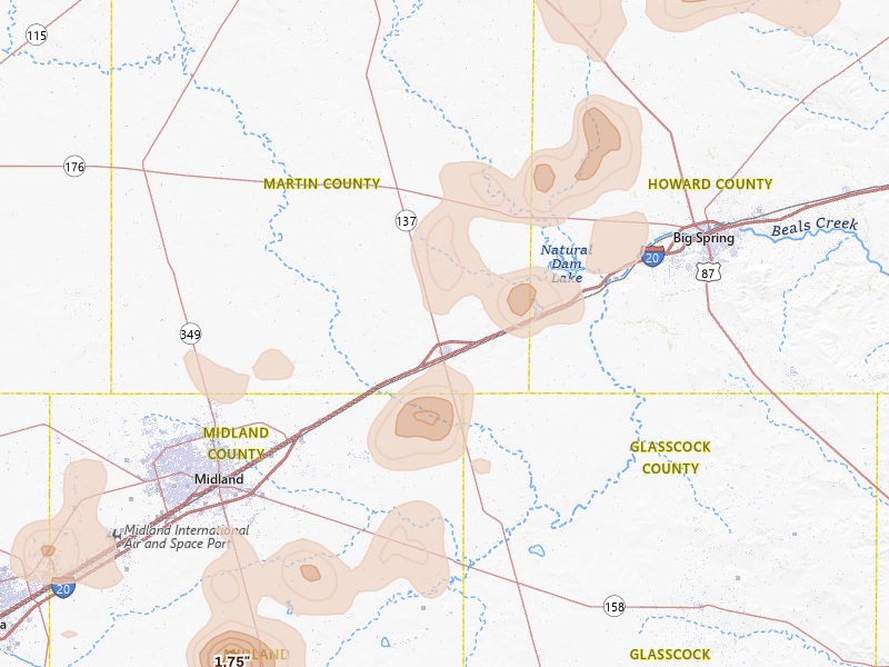 Radar-estimated hail-size map of the storm over Stanton, TX on May 23, 2026