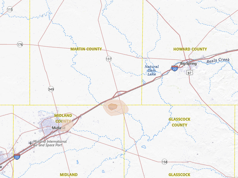 Radar-estimated hail-size map of the storm over Stanton, TX on Jun 22, 2026