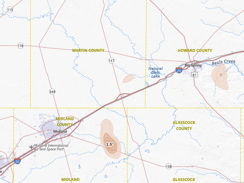 Radar-estimated hail-size map of the storm over Stanton, TX on Jul 5, 2026