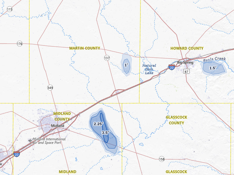 NEXRAD radar-signature map of the hail storm over Stanton, TX on Jul 5, 2026