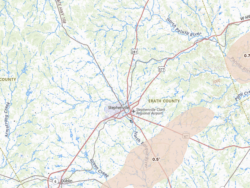 Radar-estimated hail-size map of the storm over Stephenville, TX on Mar 4, 2026